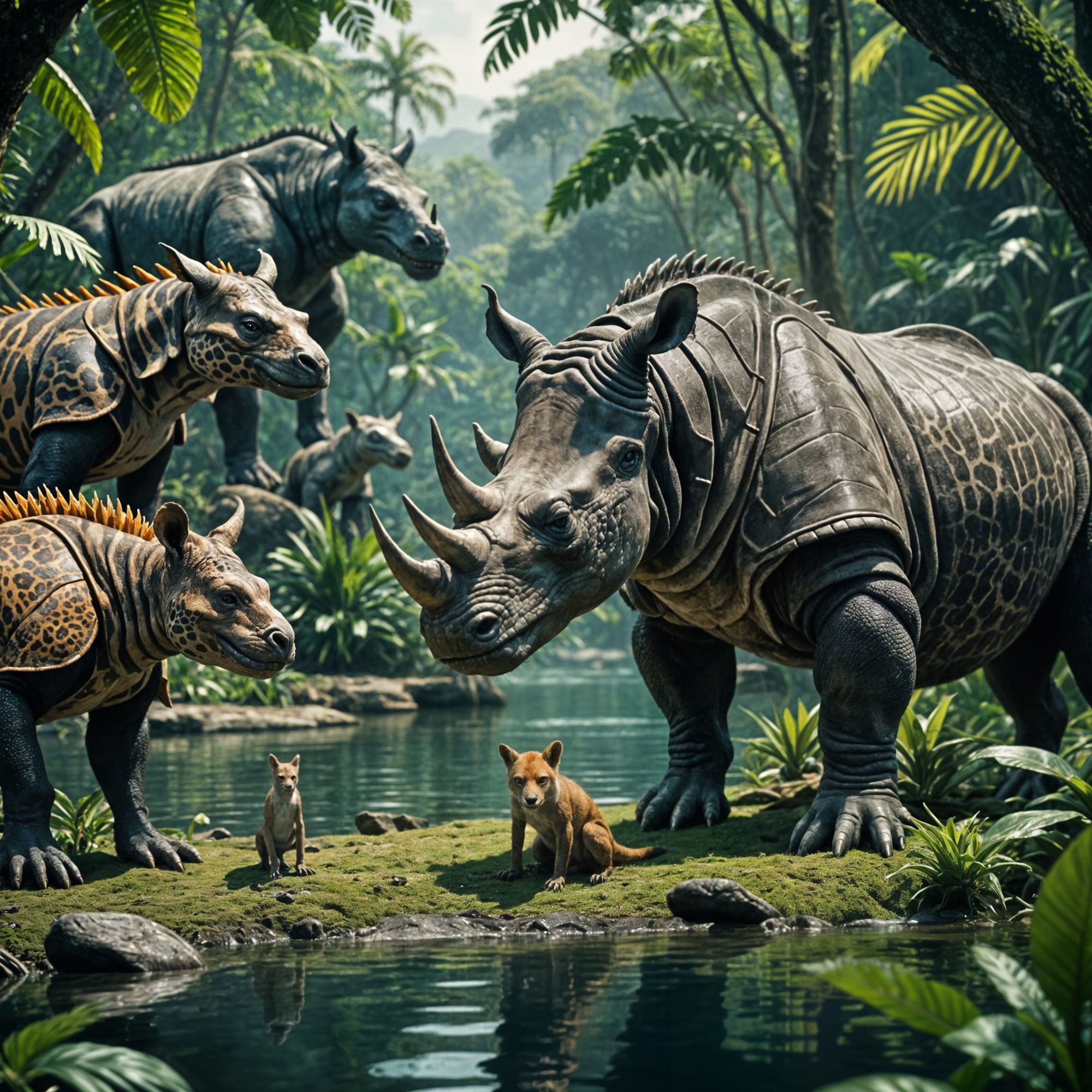 Several diverse species of prehistoric fantasy rhino-fox hybrid, monkey-eagle hybrid, and iguana-leopard hybrid all in the jungle near a bod...
