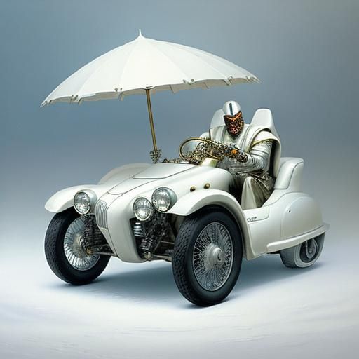 white futuristic sidecar with white 
tires. Egyptian god rid...