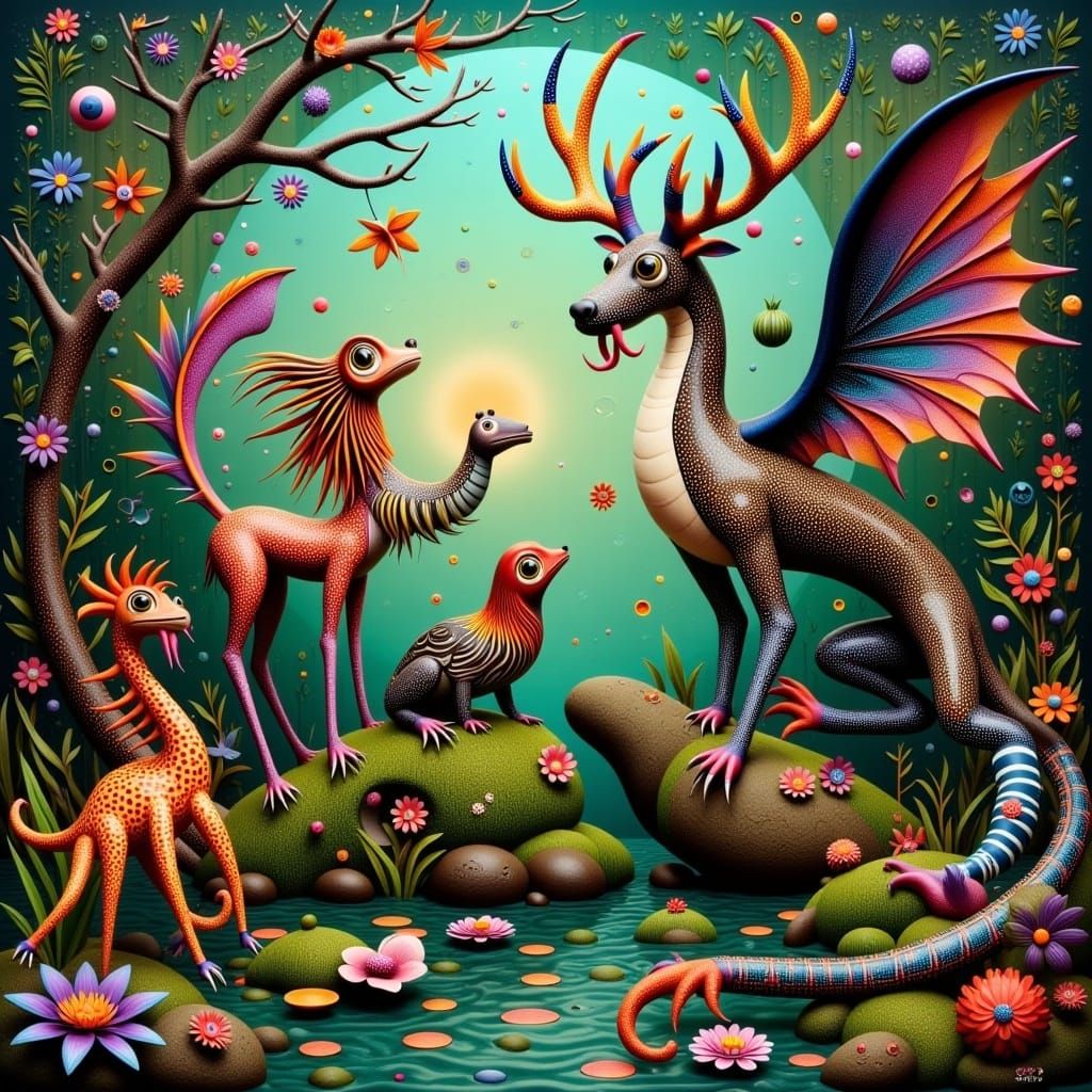 frog dragon deer cat chicken <lora:Alebrije Creatures:1.0> 