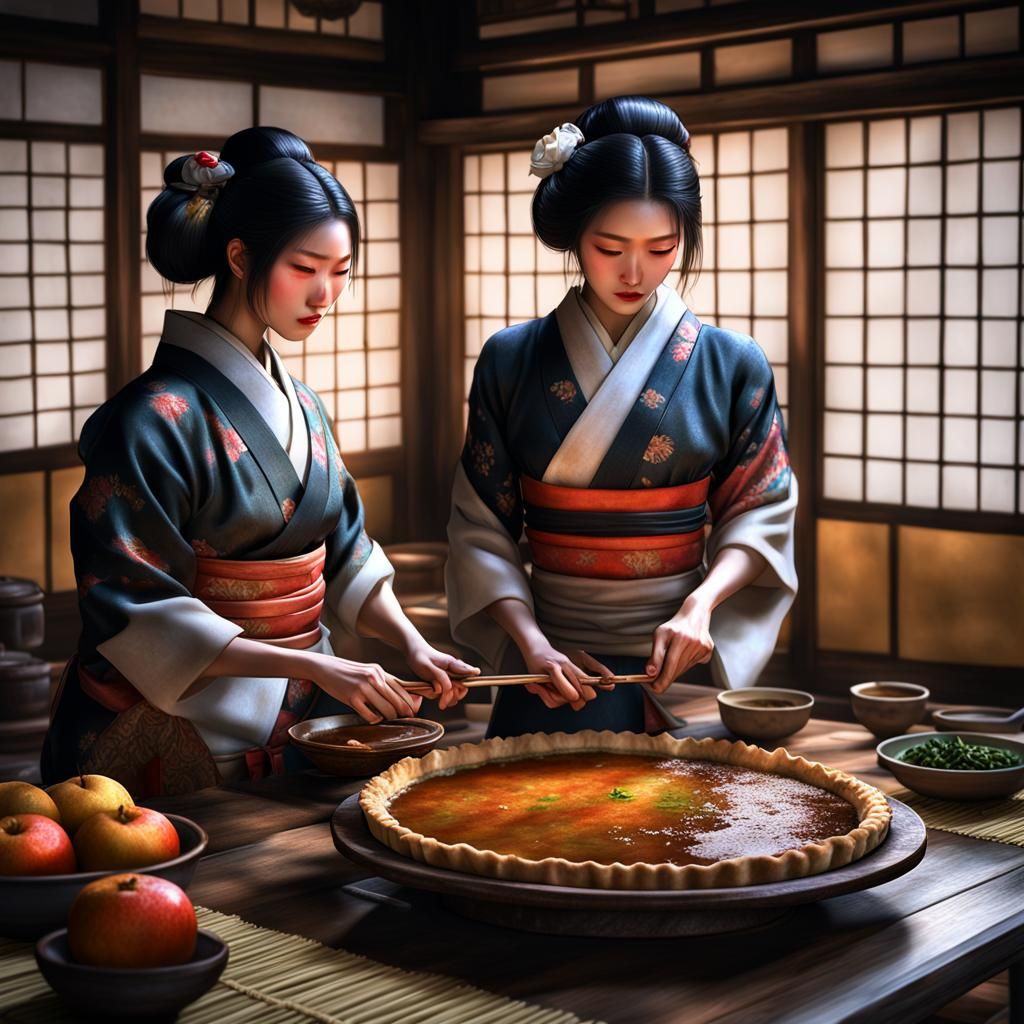 Two Japanese girls preparing a colorful exotic fruit pie AI Generated