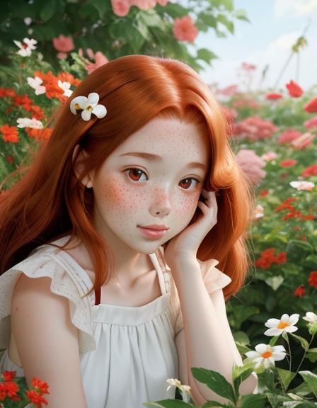 Auburn Haired Girl Picking Flowers, Anime Key Visual