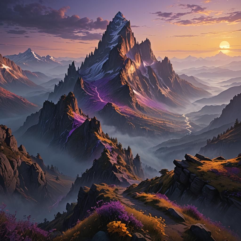foggy Blue mountain with a sunset
