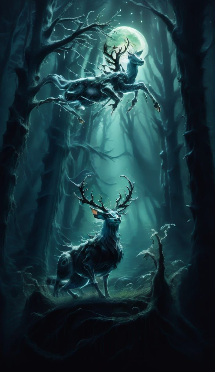 <lora:Fluidity SD15:1.0> <lora:Creepy Cute DSV8:1.0> Cinematic lighting. A solitary deer with antlers that resemble ancient, twisted branche...