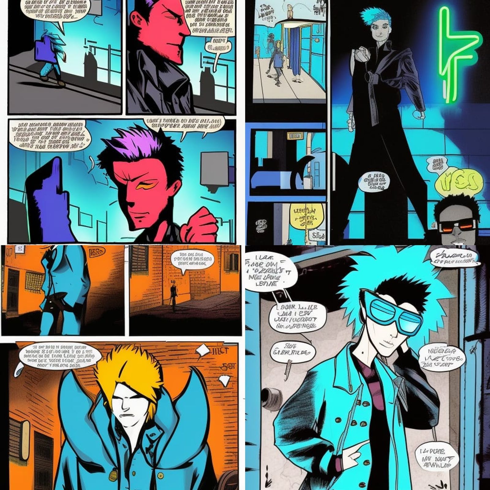 4 panel comic. Ziggy stands in a dimlylit alleyway, his electricblue