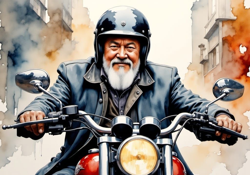 <lora:Watercolor Flux:1.0> Soft textured watercolor centered joyful portrait of a cool looking grandpa wearing an helmet riding a motorcycle...