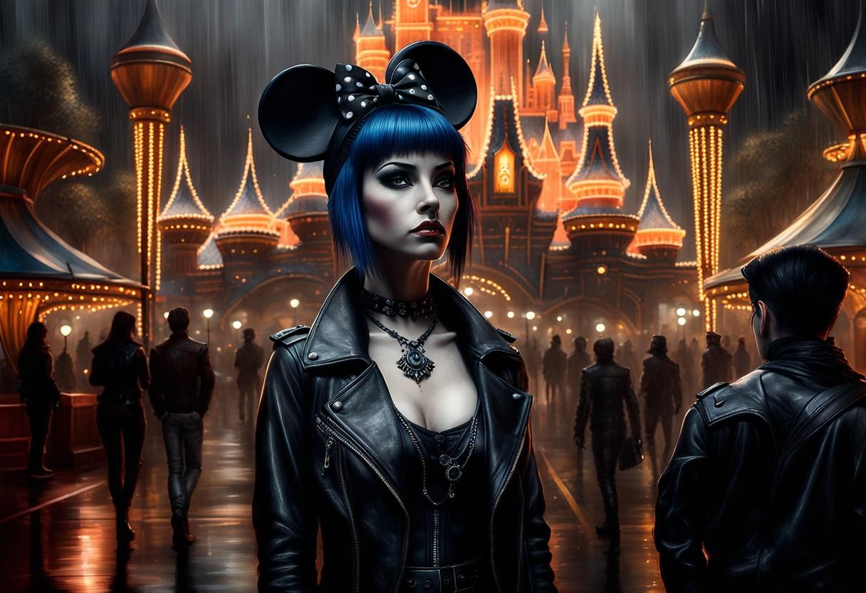 charcoal sketch; urban goth punk; "Disneyland By Night" rain...