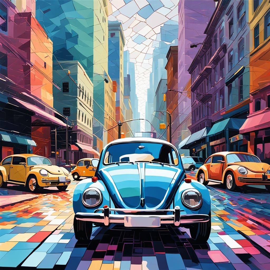 Portraits of vw beetles with fragmented, pixelated effects t...