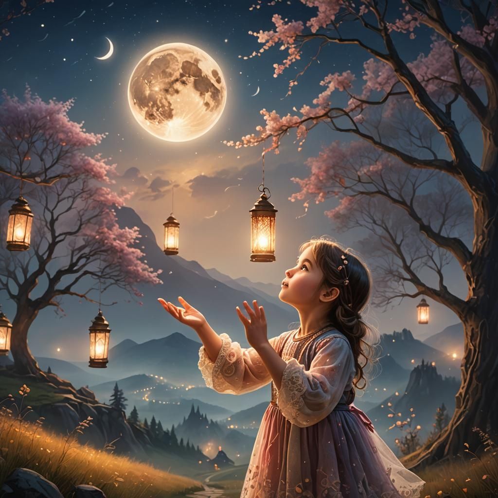 Ethereal Fantasy Portrait of Girl Catching Moon