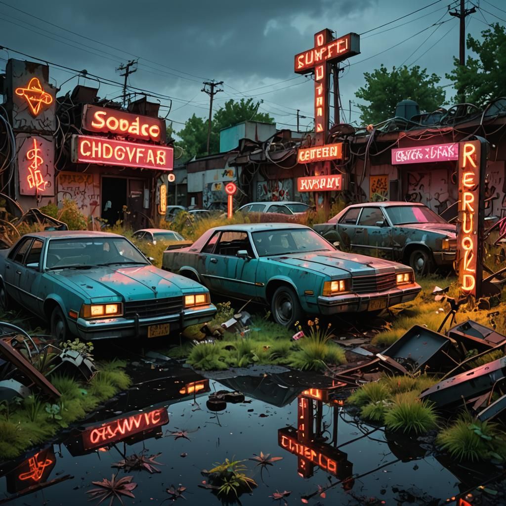 a neon sign graveyard, with a surreal, cyberpunk atmosphere....