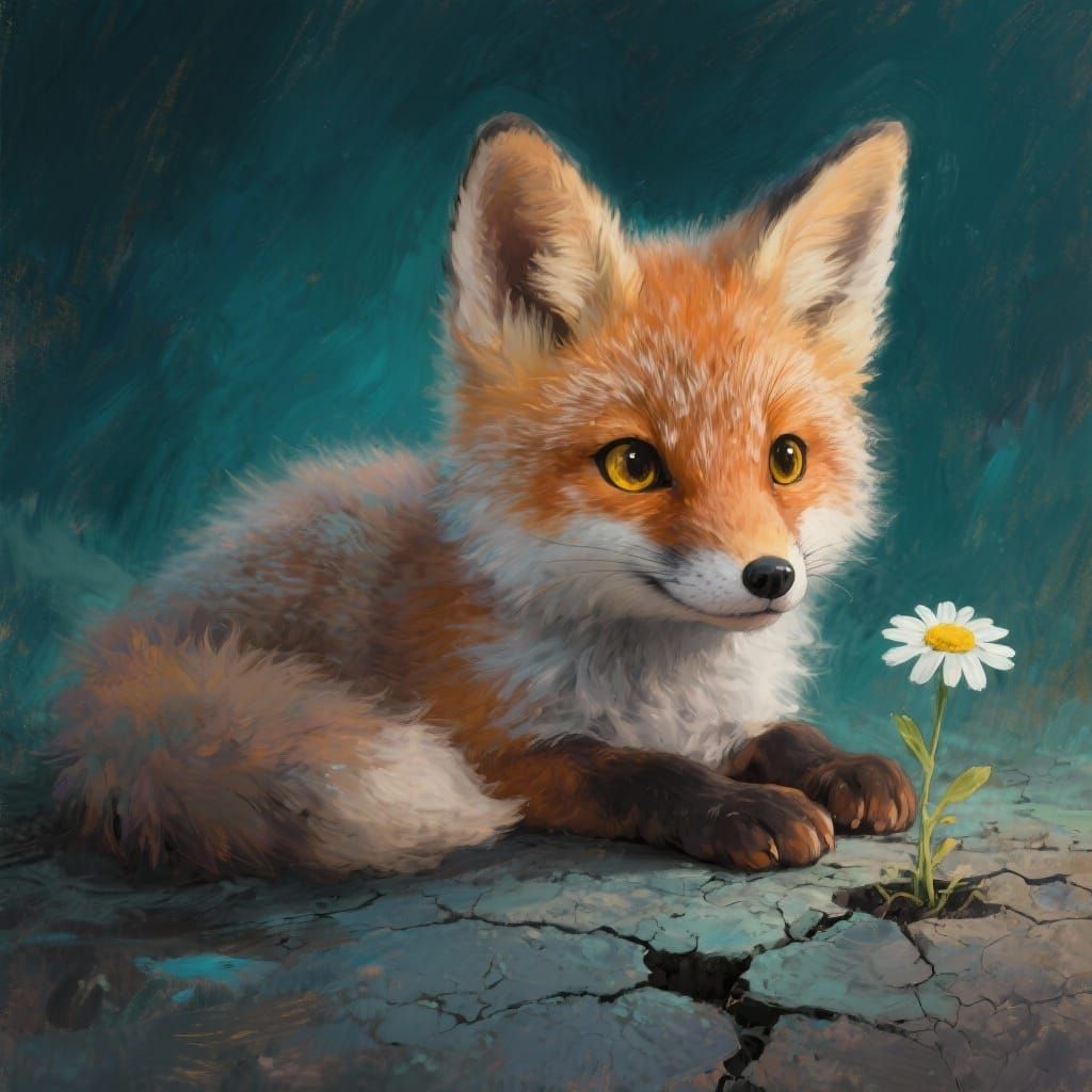 A digital oil painting of an enchanting baby fox with fluffy, detailed fur and large, soulful golden eyes. The fox rests its head on its paw...