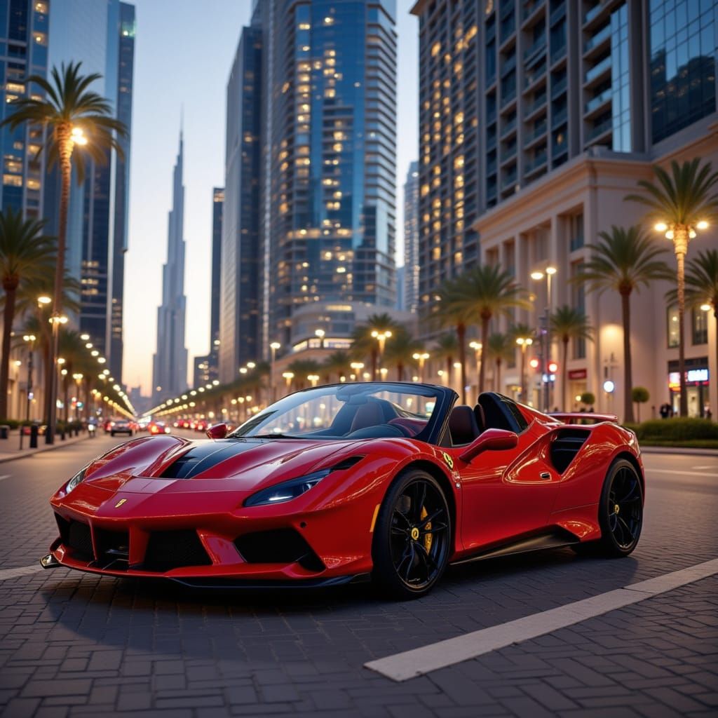 <lora:Stunning Vehicles:1.0> Ferrari 488 spider red in front of the burj khalifa Cinematic film still, shot on v-raptor XL, film grain, vign...