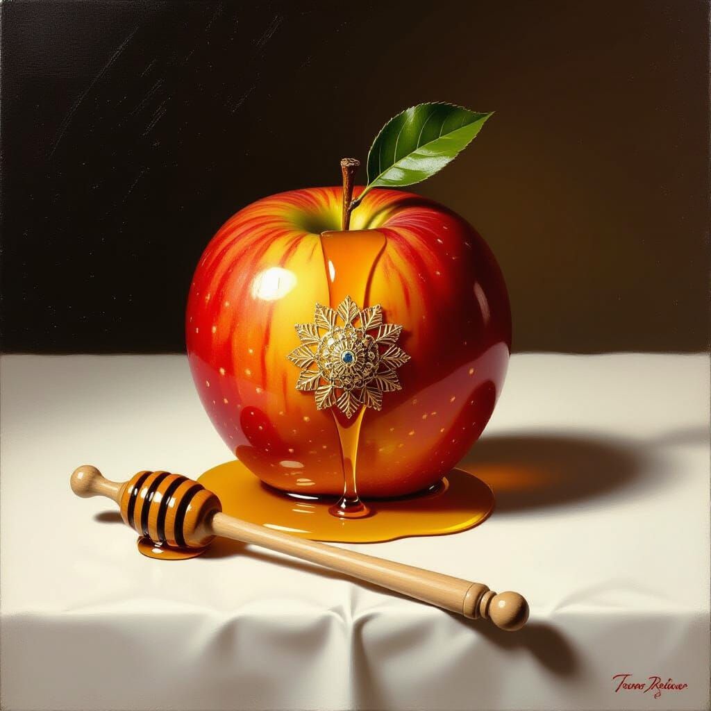 Honey-Covered Apple with Rosh Hashanah Decoration in Dramati...