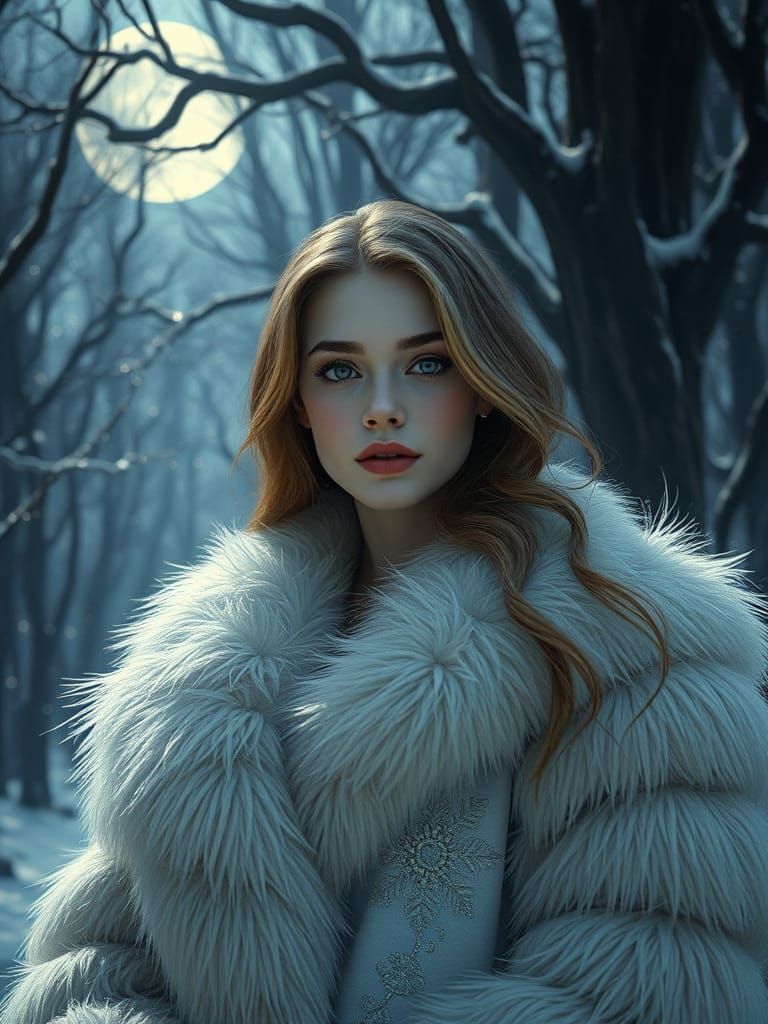 Mystical Woman in Moonlit Forest, Highly Detailed Photoreali...
