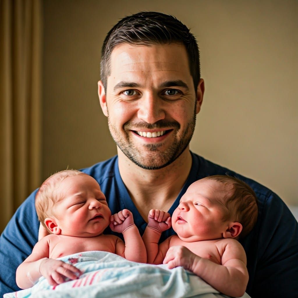 Overjoyed Father Cradles Newborn Twins in Warm Hospital Sett...