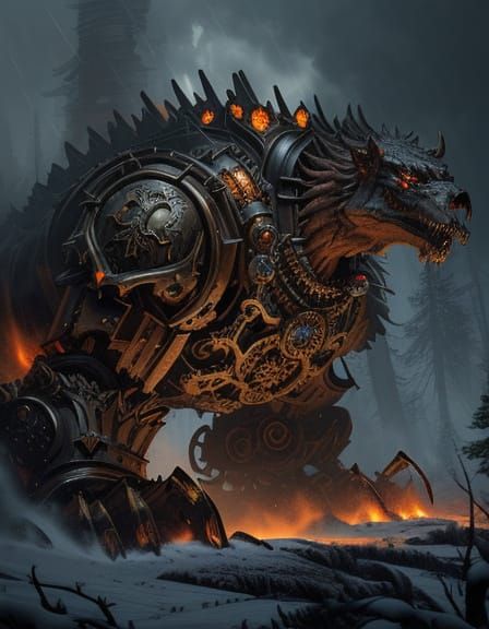 Steampunk war machine on tracks with gun turrets and flamethrowers and many other appendages rolling down a snowy trail in the forest, make ...