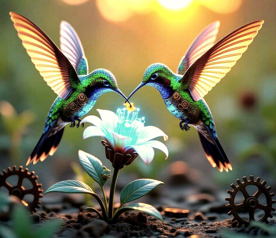 Weird, Hyperreal, and Surrealist digital painting. A clockwork hummingbird sips nectar from a cybernetic flower in a desolate, metallic gard...