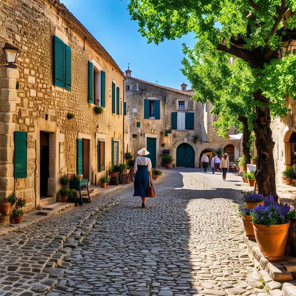 A woman strolling on the market square of a village of Prove...