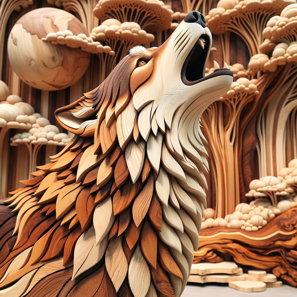 Detailed Wooden Sculpture of a Howling Wolf