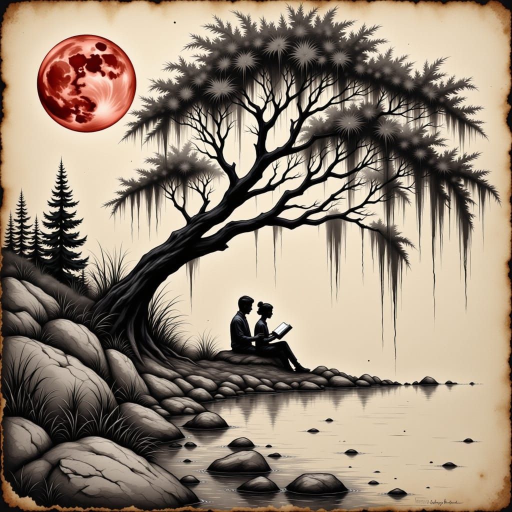 Impasto Scene: Silhouettes Share Book Under Weeping Tree