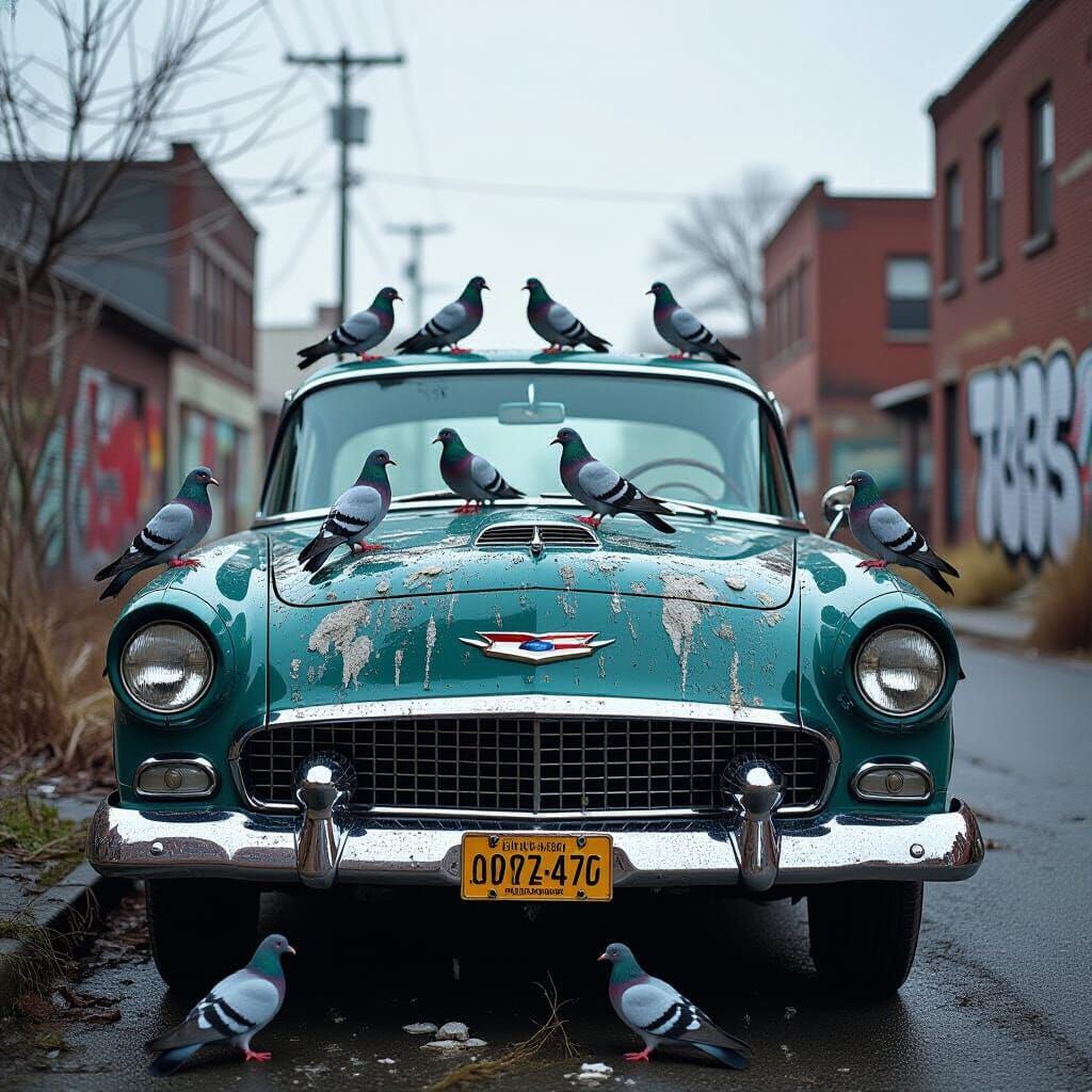 Hyperrealistic Gritty Car Covered in Pigeon Droppings