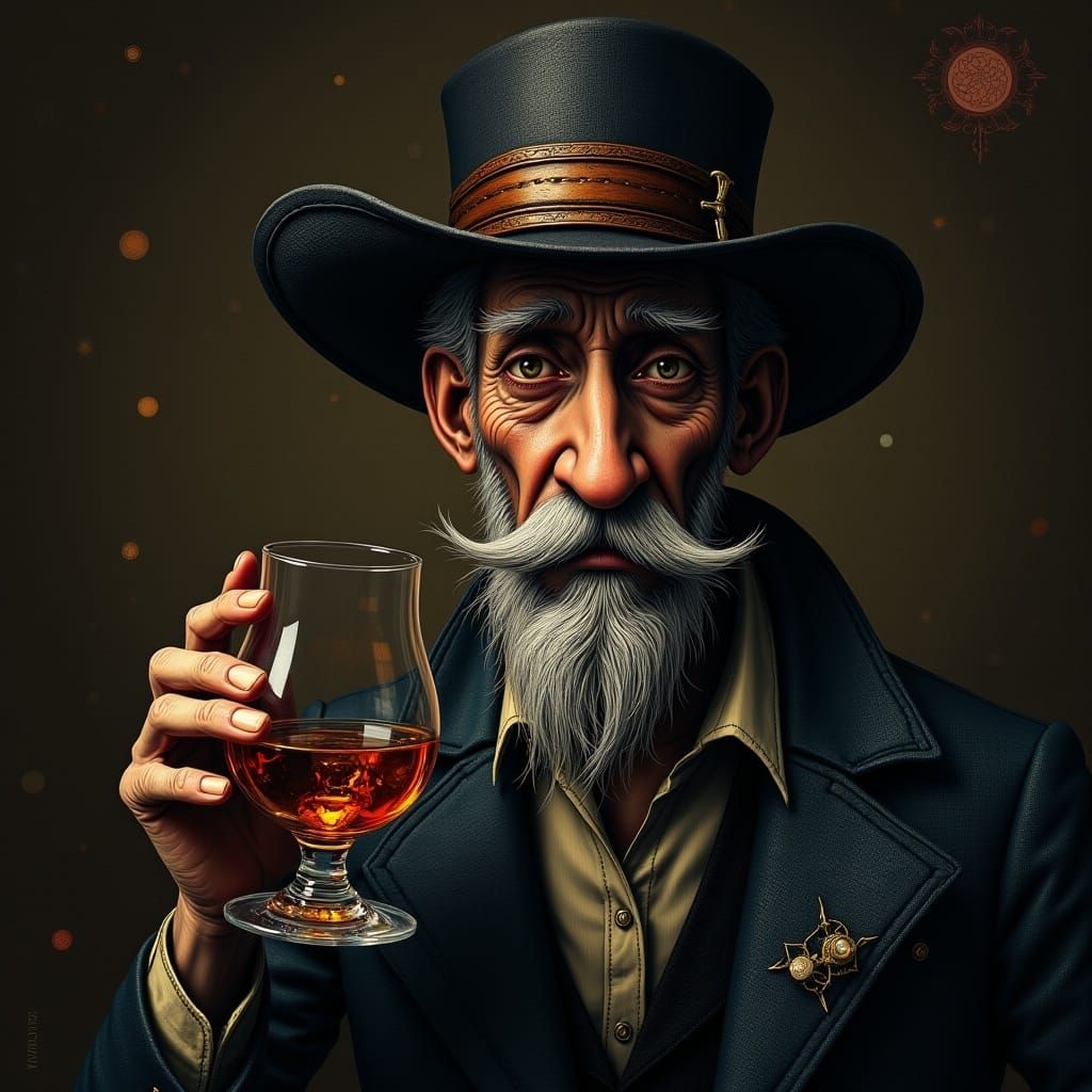 <lora:Quirk On A Whim:1.0> Portrait: old man with whiskey; by Greg Rutkowski, Dan Mumford, Natalia Kadantseva; hyperdetailed, hyperrealistic...