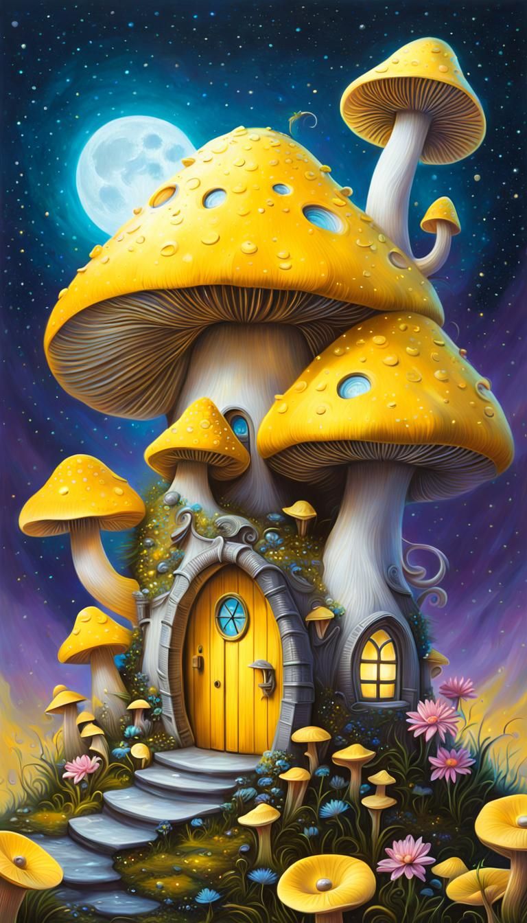 insanely detailed yellow fairy house, gold embossed, mushroo...