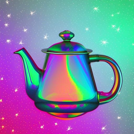 psychedelic holographic iridescent pink rainbow teapot surrounded by