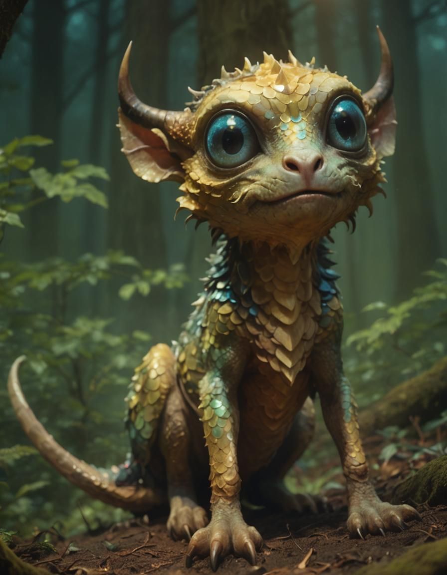 A creature's face with sharp horns and scales is illuminated by a faint blue glow.