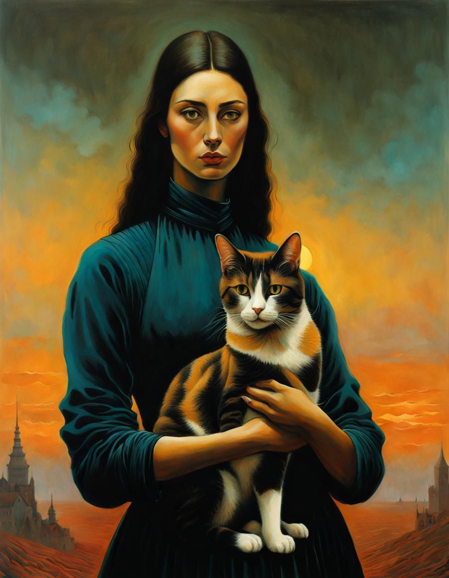 Sara Holding a Cat in the Style of Zdzisław Beksiński - AI Generated ...