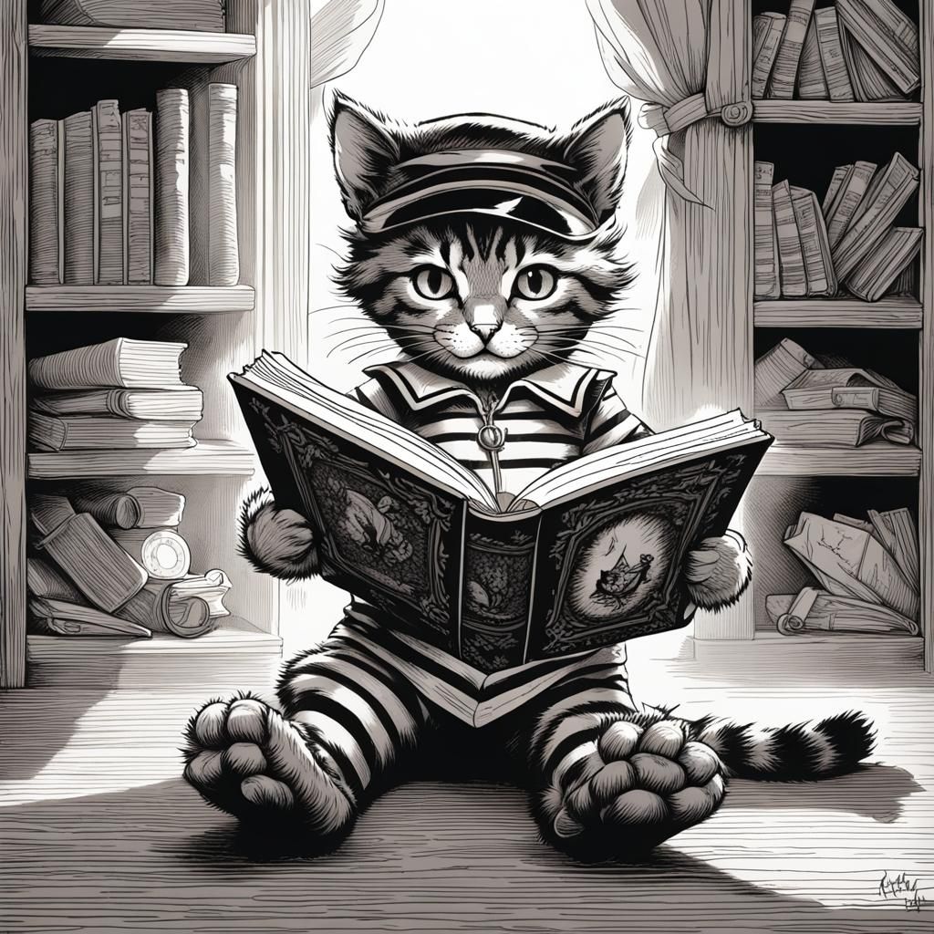 Style of Tenniel, black and white drawing of a tabby kitten ...