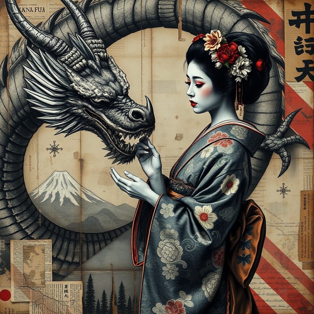 "geisha and japanese dragon." Collage. Beautiful charcoal and ink portrait. Mixed media. Newspaper clippings, ...  by @Eclectic shambles