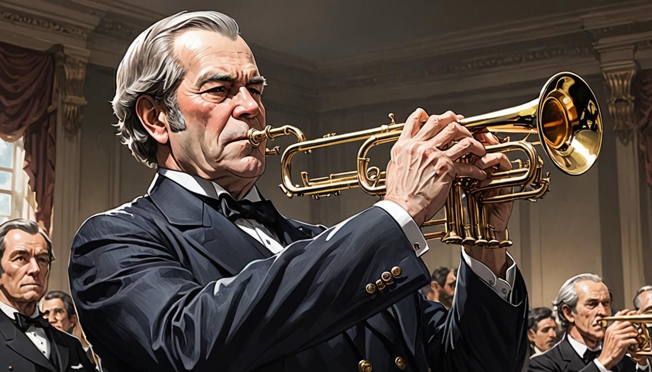 President Andrew Johnson playing a trumpet.