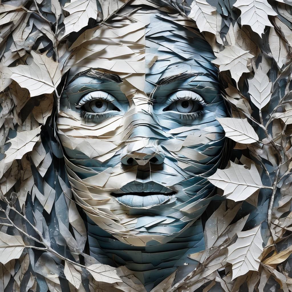 a hyper-realistic double exposure image of a face composed of peeling strips of ripped paper layers transformed ...  by @Kindly Offer