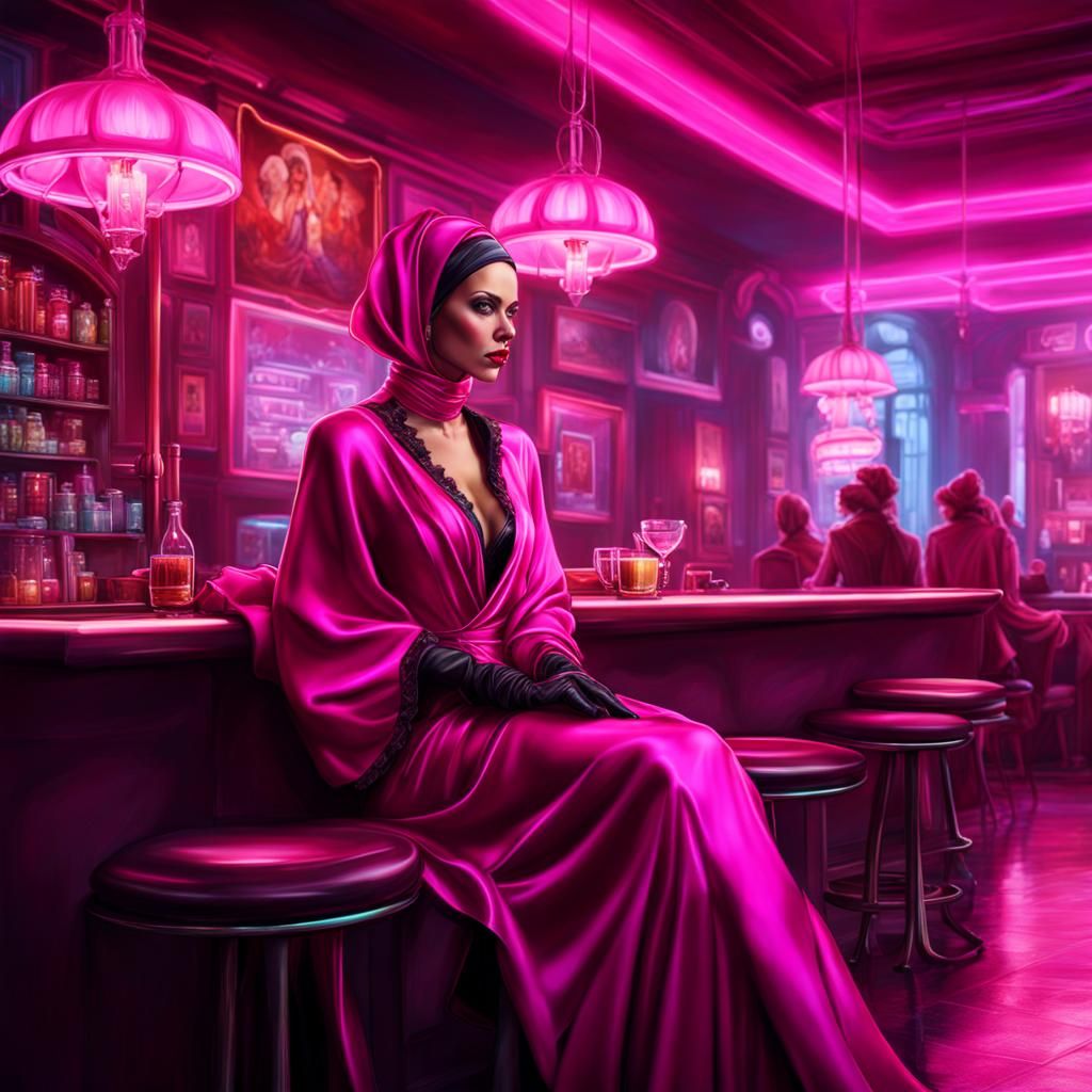 Grimdark Neon Cyberpunk Night Café. Photo realistic. Super r...