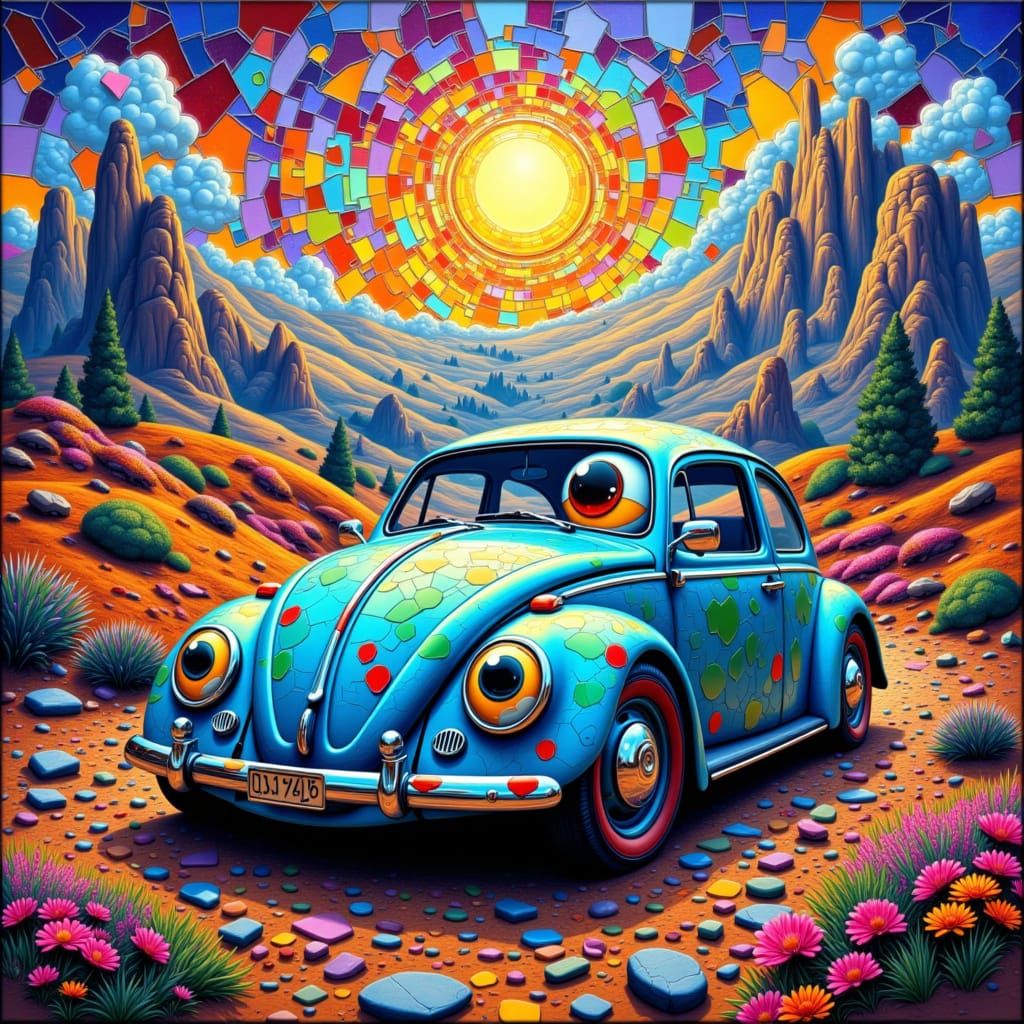<lora:Deep Texture 1:1.0>a Surreal creation that incorporates a VW bug car that has bug eyes. mosaic in the sky. 