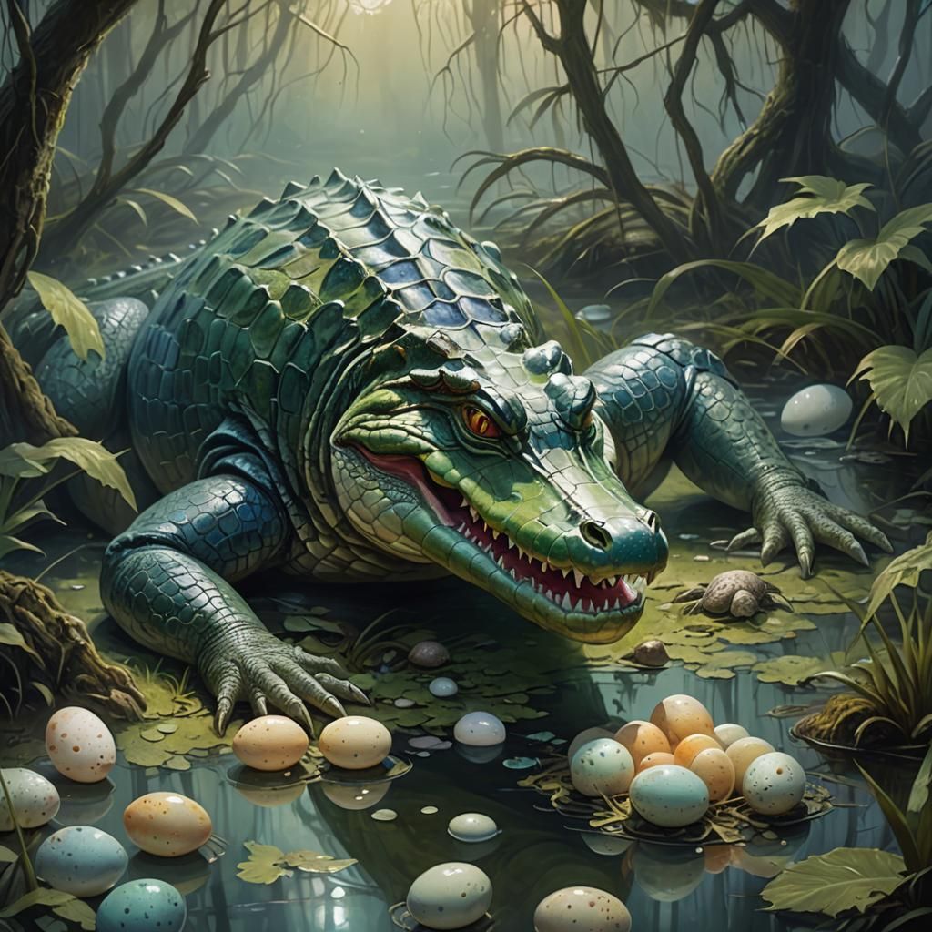 Humanoid female alligator, sitting in a swamp, surrounded by...