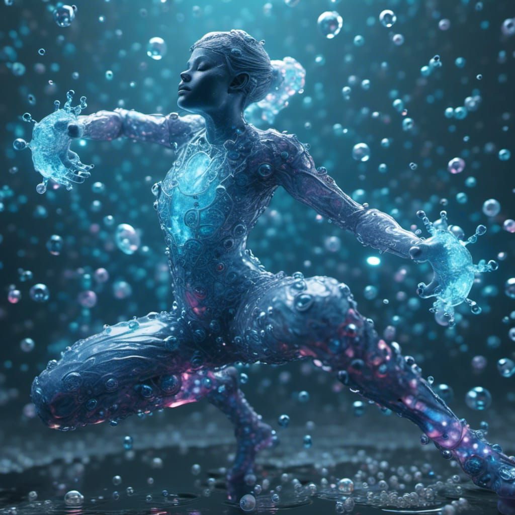 <lora:Spheres:1.0> a translucent full body view crystalline female containing ethereal liquid bioluminescent lotus, performing Kung Fu kick...