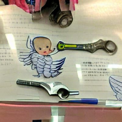 A wrench and a pen with angel wings protecting a baby