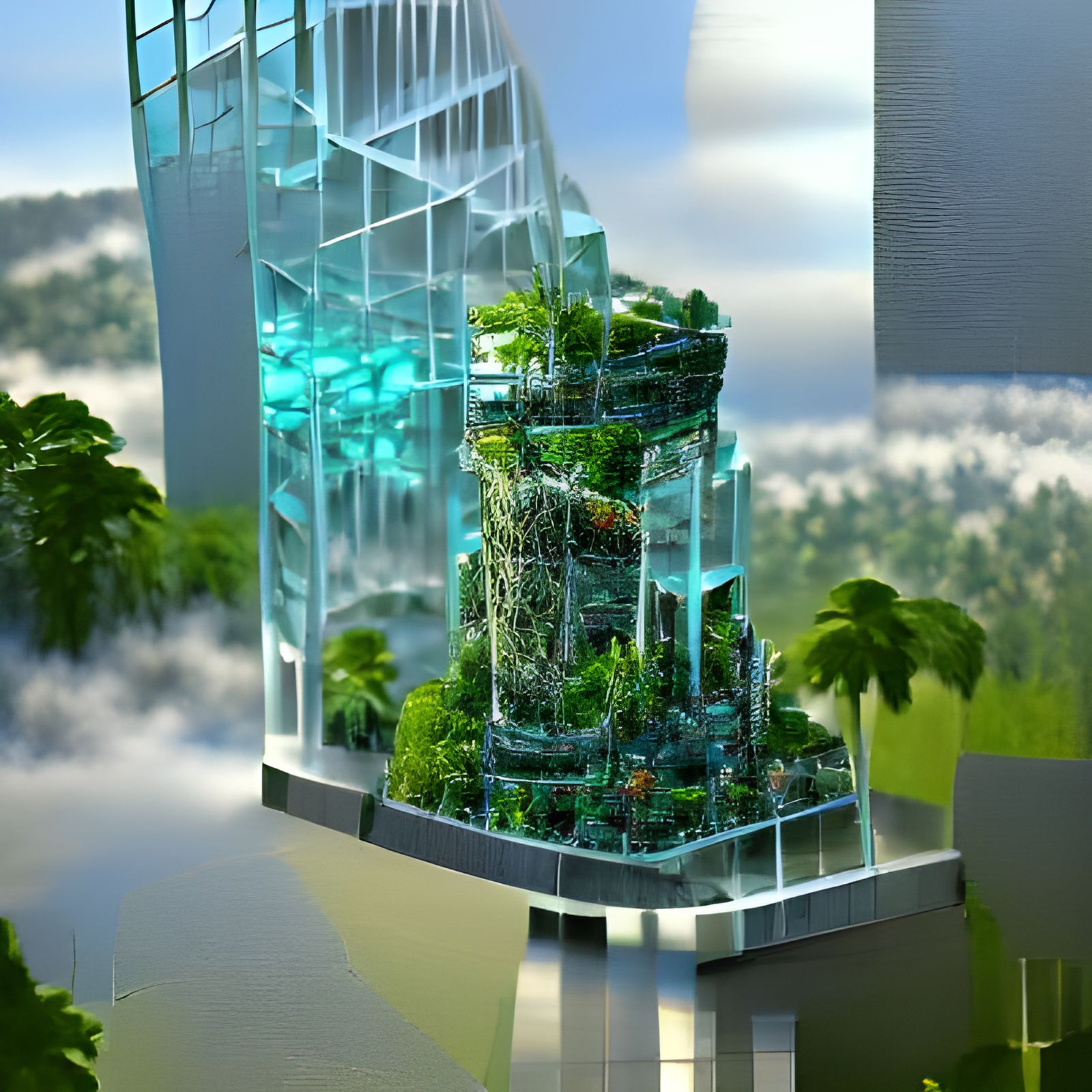 futuristic glass jungle tower