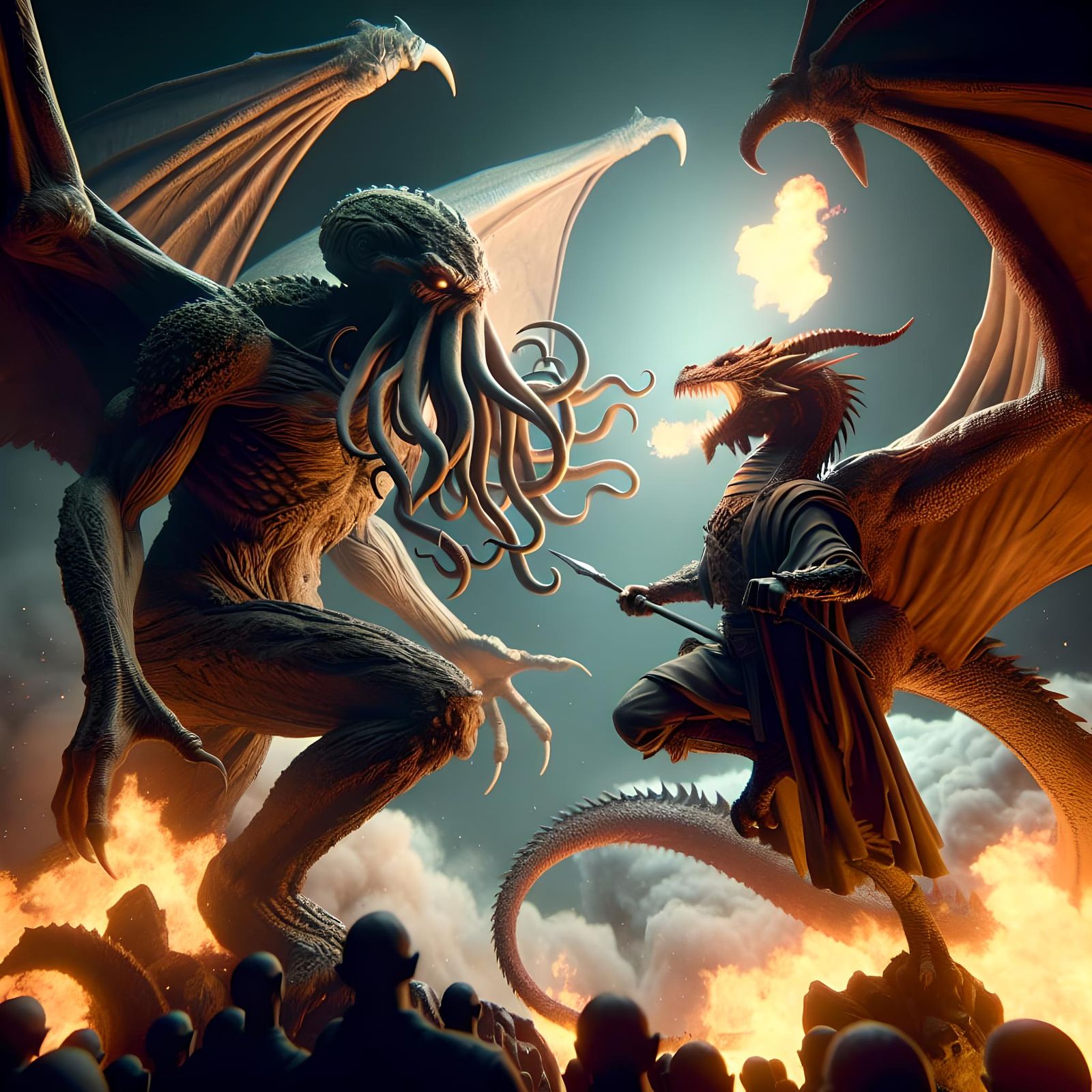 Cthulhu battles with a fire dragon