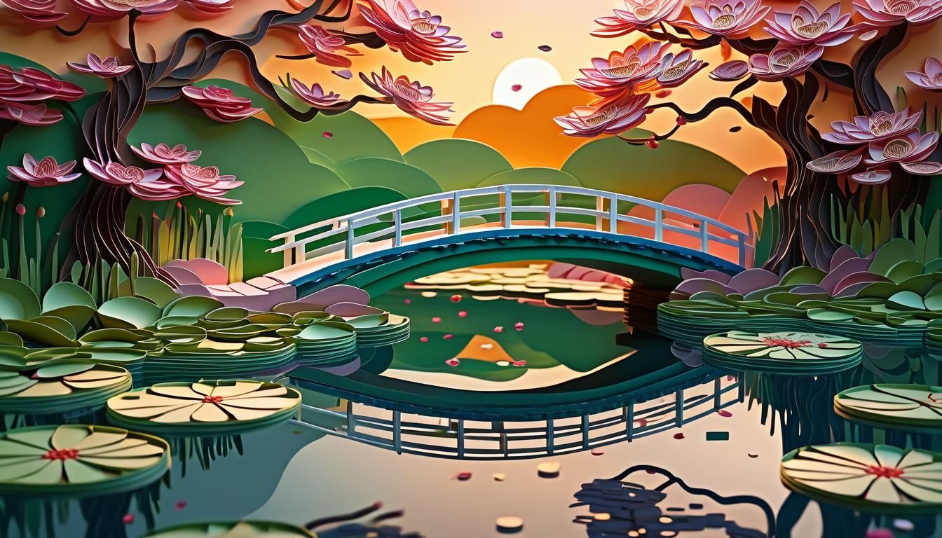 Quilled paper with a Bridge over a waterlily pond. Kiigmi Ch...