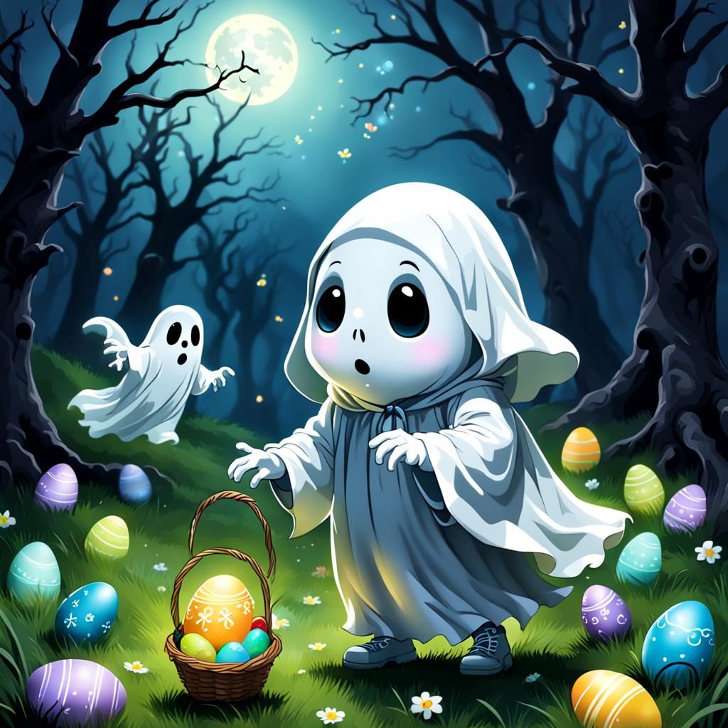 A cute little ghost hunting for Easter Eggs
