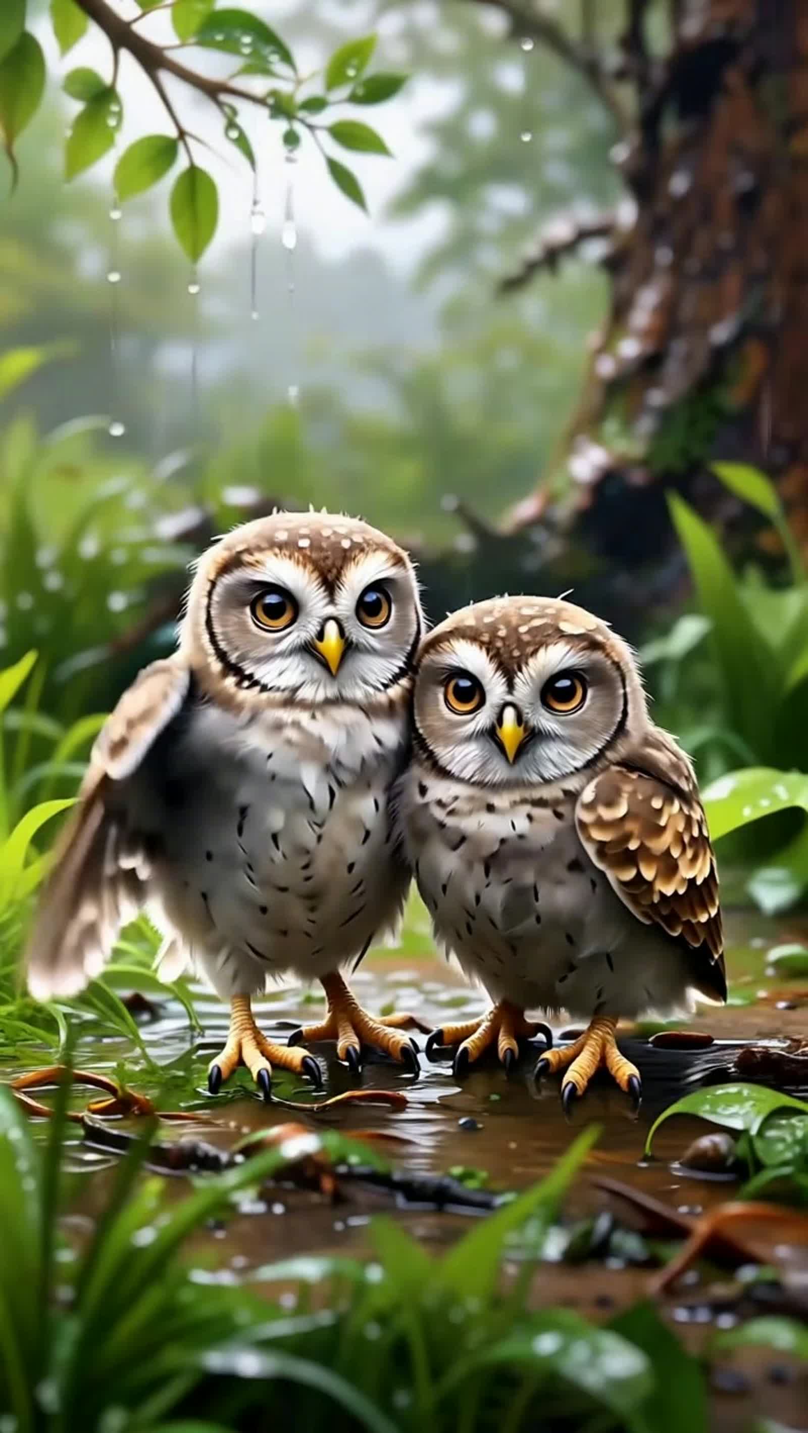 Owlets Weather Spring Rain in Pastel Hues
A digital painting shows two young owls sheltering from the rain. Soft brushst...