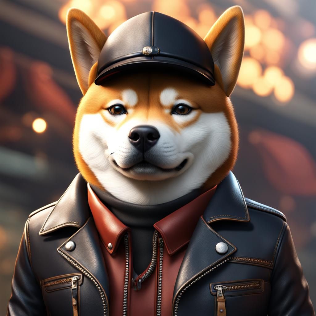 Shiba Inu wearing a leather jacket and a backward hat