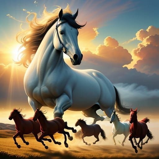 Surreal Divine Sun Over Red Horses in Cloud Puzzle