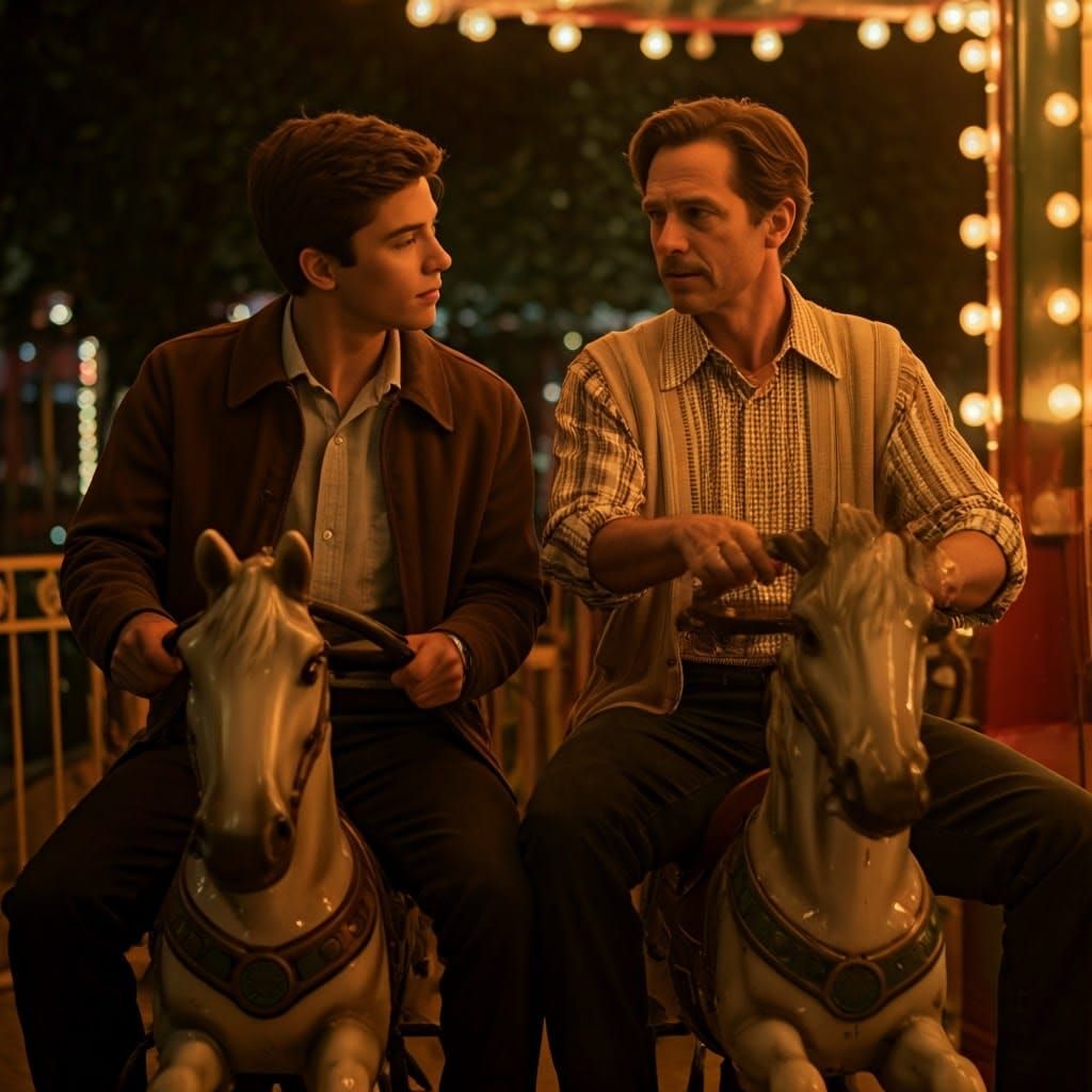 A man and his adult son riding children's coin operated hors...