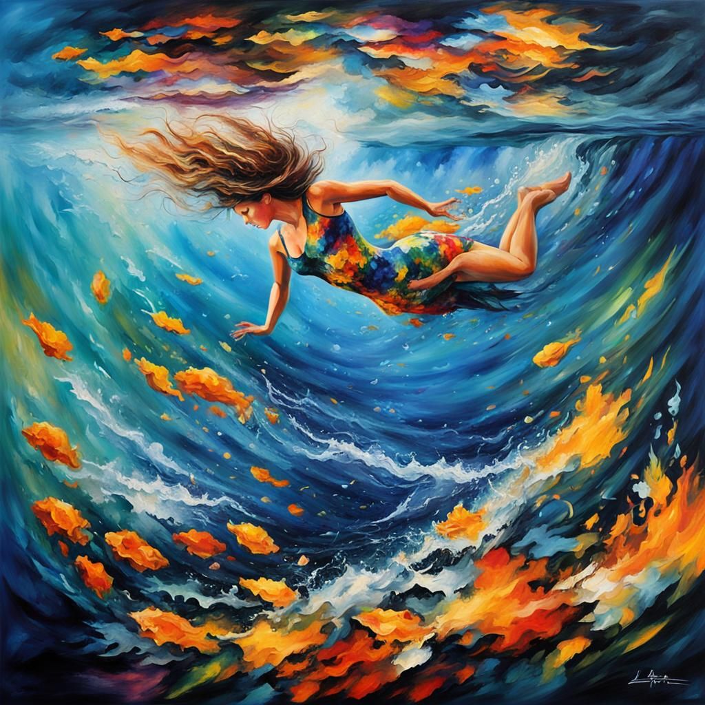 Imagine a woman adorned with vibrant body art, each tattoo a...