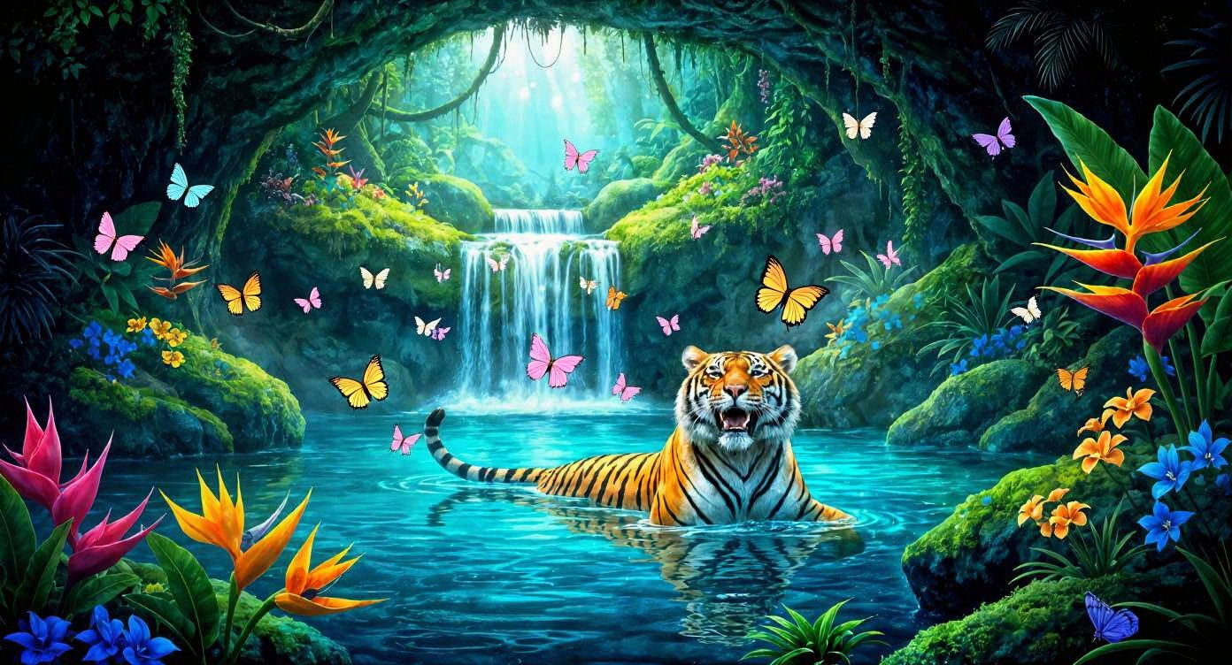 Tiger bathing in butterfly paradise jungle grotto.
