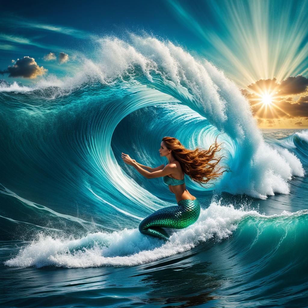 mermaid riding the waves - AI Generated Artwork - NightCafe Creator