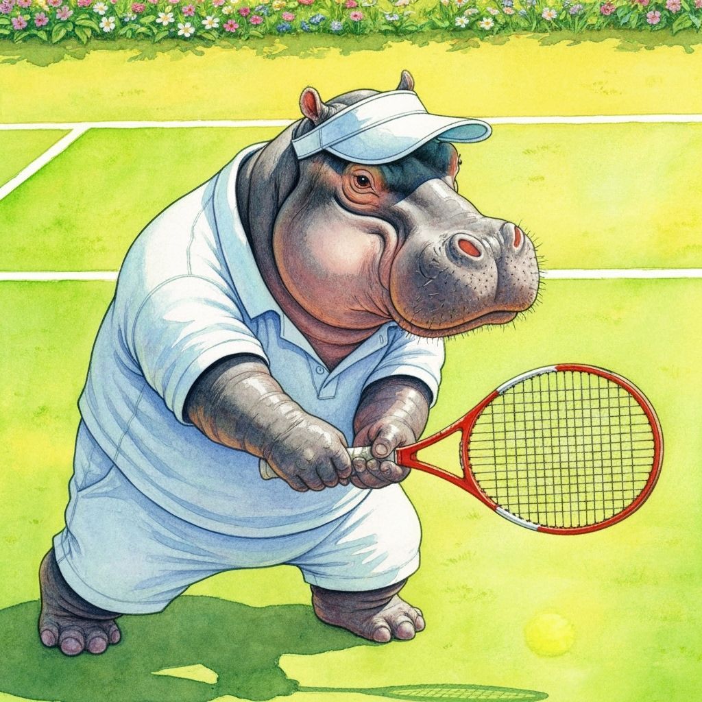 A hippo holding a tennis racket playing tennis art vibrant colorful whimsy hyper detailed perfect lighting ...  by @GraveyardsAndTakeout